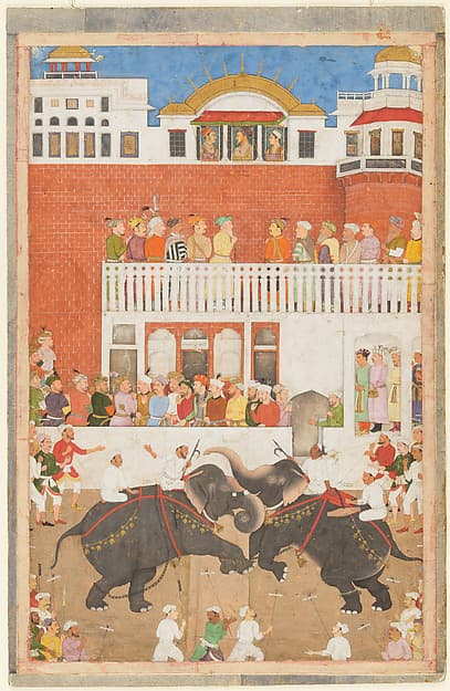 "Shah Jahan Watching an Elephant Fight", Folio from a Padshahnama, by Bulaqi