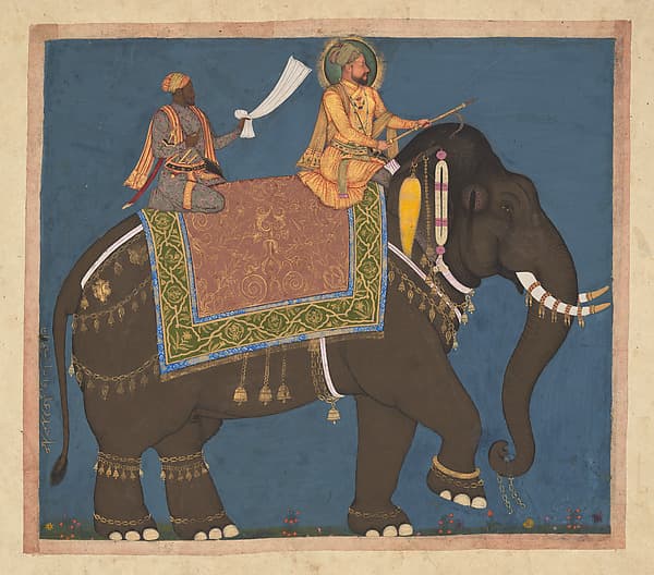 Sultan Muhammad 'Adil Shah and Ikhlas Khan Riding an Elephant, by Haidar 'Ali