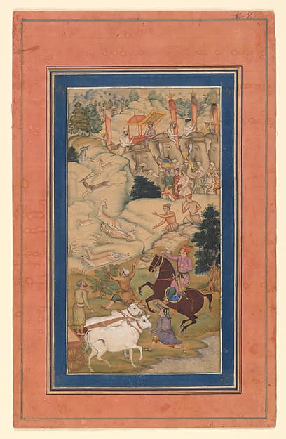"Akbar Hunting with Cheetahs", Folio from a Manuscript of the Akbarnama. Folio from the Davis Album, by Abu'l Fazl