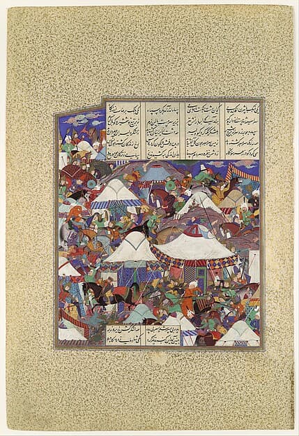 "The Besotted Iranian Camp Attacked by Night", Folio 241r from the Shahnama (Book of Kings) of Shah Tahmasp, by Abu'l Qasim Firdausi