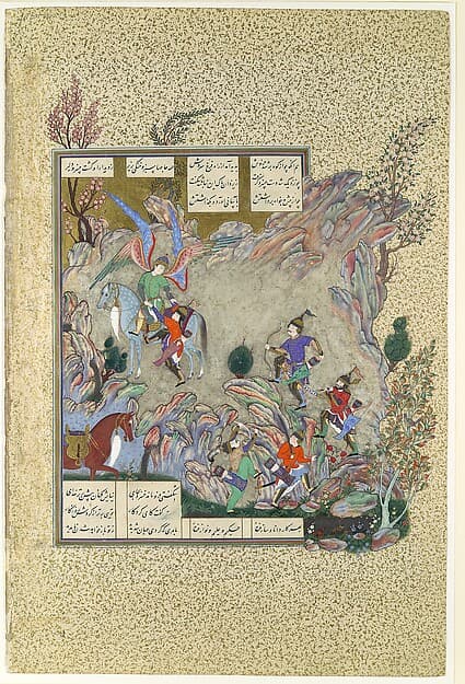 "The Angel Surush Rescues Khusrau Parviz from a Cul-de-sac", Folio 708v from the Shahnama (Book of Kings) of Shah Tahmasp, by Abu'l Qasim Firdausi
