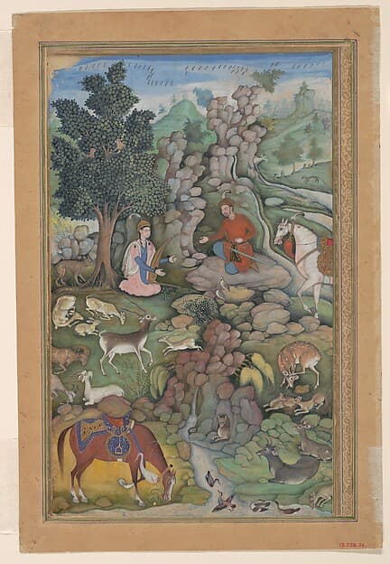 "Bahram Gur Sees a Herd of Deer Mesmerized by Dilaram' s Music", Folio from a Khamsa (Quintet) of Amir Khusrau Dihlavi, by Amir Khusrau Dihlavi