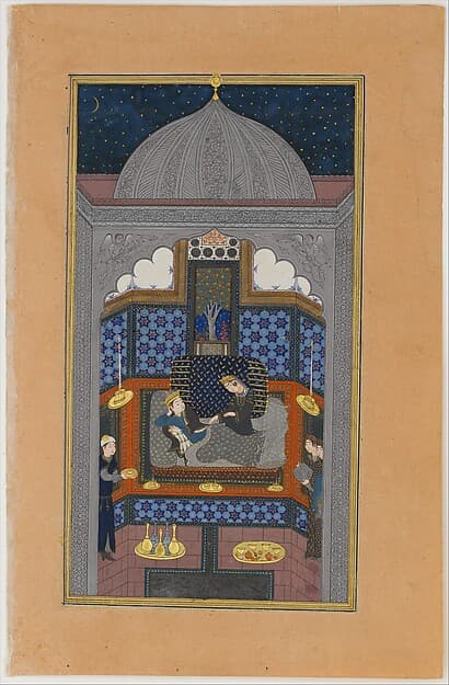 "Bahram Gur and the Indian Princess in the Dark Palace on Saturday", Folio 23v from a Haft Paikar (Seven Portraits) of the Khamsa (Quintet) of Nizami of Ganja, by Nizami