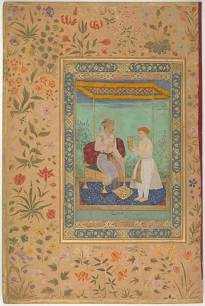 "Jahangir and His Vizier, I'timad al-Daula", Folio from the Shah Jahan Album, by Manohar