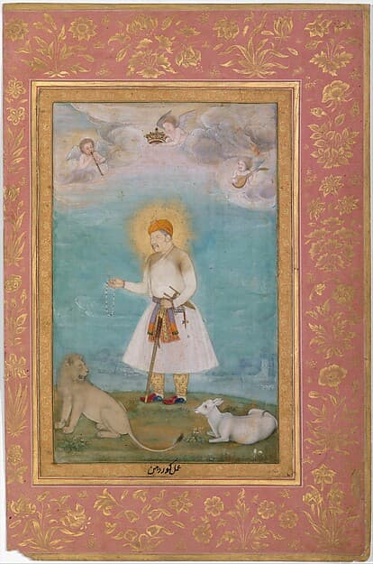 "Akbar With Lion and Calf", Folio from the Shah Jahan Album, by Govardhan