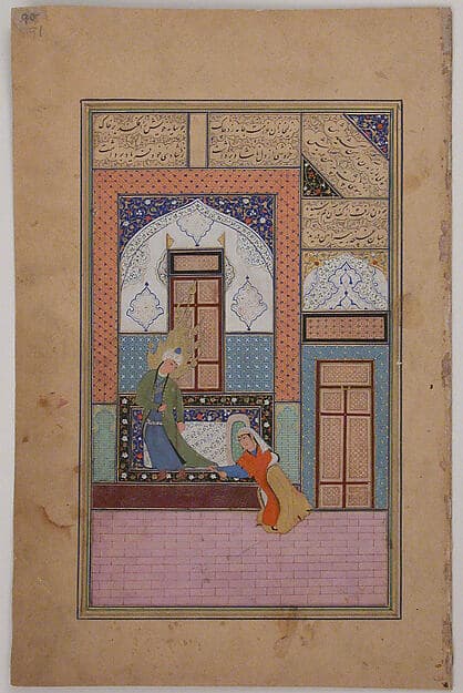 "Zulaikha Seizing the Skirt of Joseph's Robe", Folio of a Yusuf and Zulaykha of Jami, by Maulana Nur al-Din `Abd al-Rahman Jami