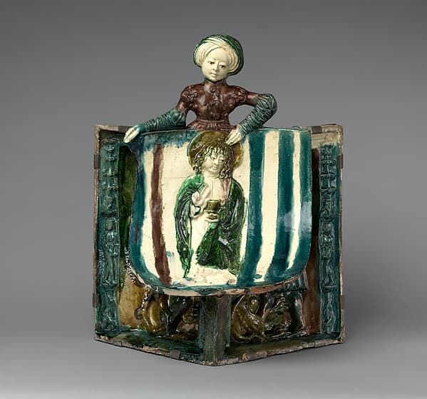 Stove Tile with Saint John the Evangelist and Samson, by Buda Castle Workshop