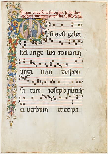 Manuscript Leaf with Saint John the Evangelist and Saint John the Baptist in an Initial M, from an Antiphonary, by Master of the Riccardiana Lactantius
