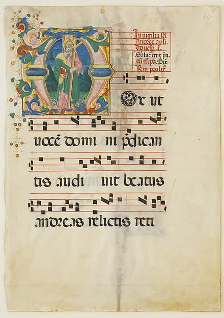Manuscript Leaf with the Feast of Saint Andrew in an Initial M, from an Antiphonary, by Master of the Riccardiana Lactantius
