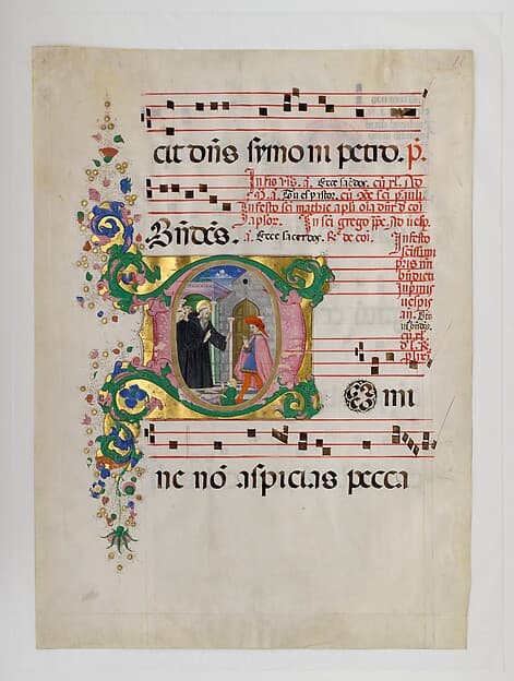 Manuscript Leaf with Saint Benedict Resuscitating a Boy in an Initial D, from an Antiphonary, by Master of the Riccardiana Lactantius