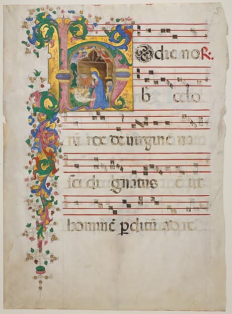 Manuscript Leaf with the Nativity in an Initial H, from an Antiphonary, by Master of the Riccardiana Lactantius