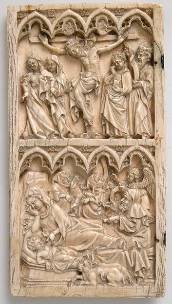 Leaf from a Diptych with the Crucifixion and Nativity, by Master of Kremsmünster