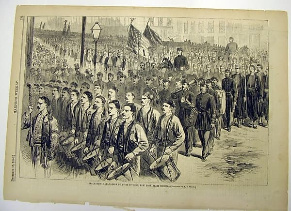 Evacuation Day Parade of First Division, New York State Militia, newspaper illustration, by Alfred Rudolf Waud
