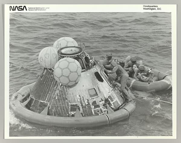 [Astronauts in Lifeboat After Apollo 11 Splashdown], by National Aeronautics and Space Administration (NASA)