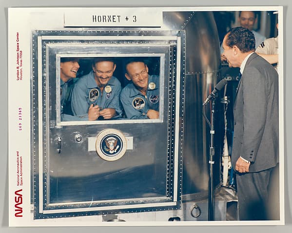 [President Richard M. Nixon Welcomes the Apollo 11 Astronauts Aboard Recovery Ship USS Hornet], by National Aeronautics and Space Administration (NASA)