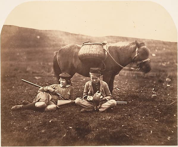 [Charlie and Peel Ross with Horse after a Hunt], by Horatio Ross