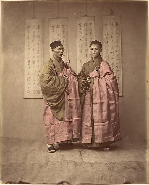 [Two Chinese Men in Matching Traditional Dress], by Unknown