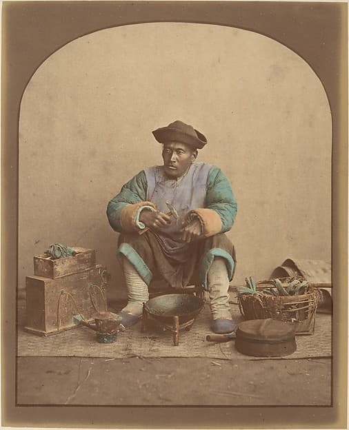 [Chinese Man Sitting with Tools], by Unknown