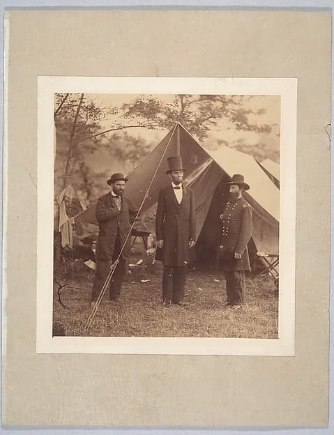 [President Abraham Lincoln, Major General John A. McClernand (right), and E. J. Allen (Allan Pinkerton, left), Chief of the Secret Service of the United States, at Secret Service Department, Headquarters Army of the Potomac, near Antietam, Maryland], by Alexander Gardner