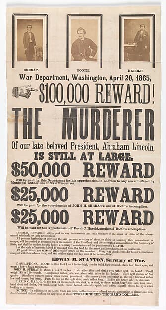 [Broadside for the Capture of John Wilkes Booth, John Surratt, and David Herold], by Unknown