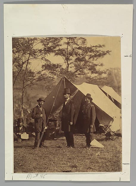 [President Abraham Lincoln, Major General John A. McClernand (right), and E. J. Allen (Allan Pinkerton, left), Chief of the Secret Service of the United States, at Secret Service Department, Headquarters Army of the Potomac, near Antietam, Maryland], by Alexander Gardner