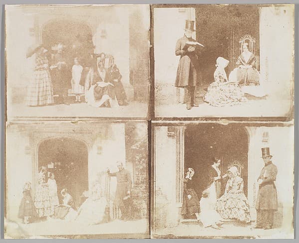 [Contact sheet of four group portraits in a doorway], by Calvert Richard Jones