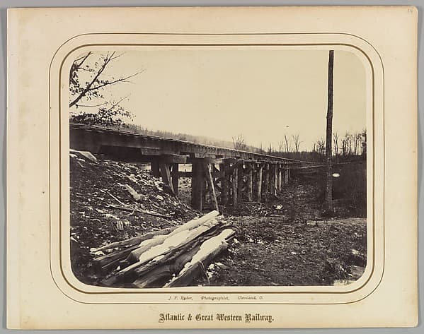 [Winter Scene with Trestle Bridge Along the Atlantic & Great Western Railway], by James Fitzallen Ryder