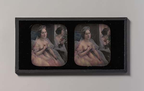 [Stereograph of a Woman Wearing a Tiara and Tulle and Lace Dress, Seated Before a Mirror], by Bautain