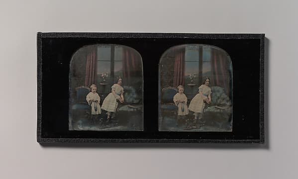 [Stereograph, Two Children Standing Between Furniture in a Studio Parlor Setting], by Antoine-François-Jean Claudet
