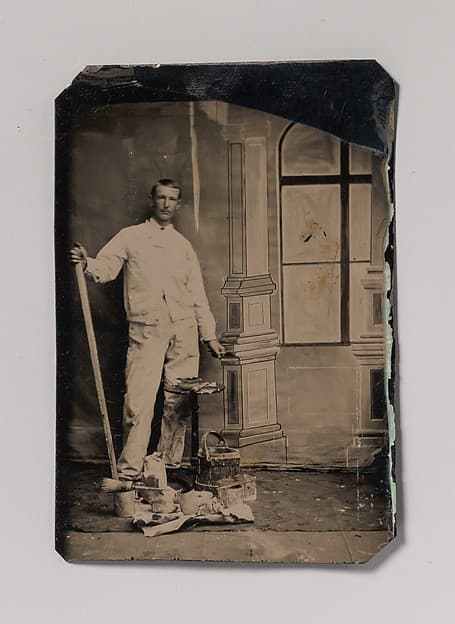 [Painter, Standing in Front of a Painted Window Backdrop, with Brushes, Bucket, and Paint Cans], by Unknown