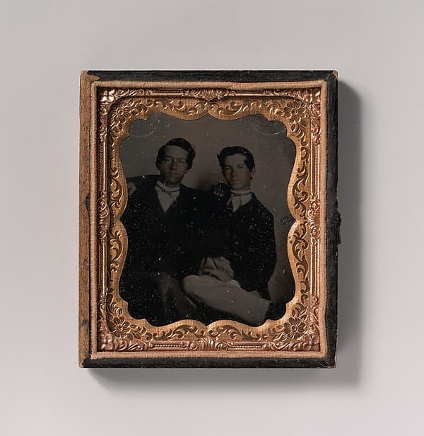 [Two Young Men Seated with Their Arms Around Each Other], by Unknown