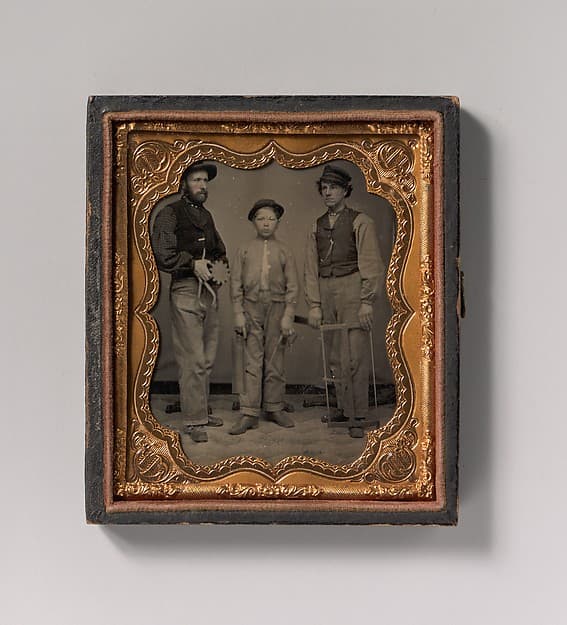 [Two Men and a Boy with Outside Calipers, Backsaw, Square, and Frame Saw], by Unknown