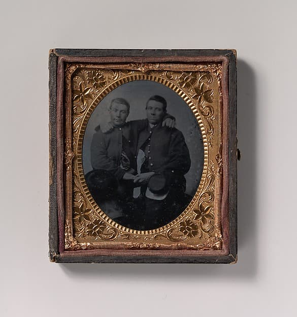 [Two Union Soldiers Holding Hands, Arms Around Each Other's Shoulders], by Unknown