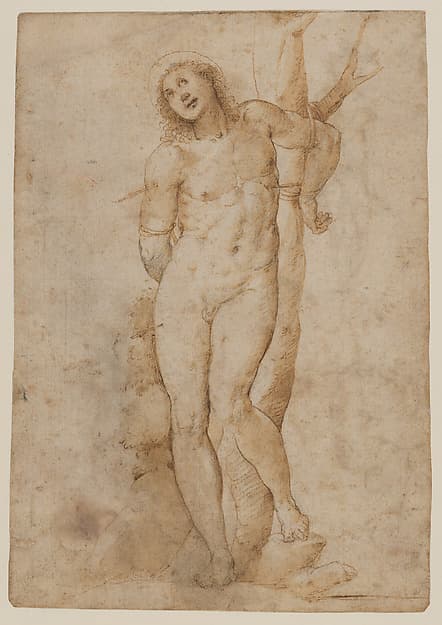 Saint Sebastian (recto); sketches of a male head and a standing figure in a short cape; a copy of the figure on the recto (verso), by Sodoma (Giovanni Antonio Bazzi)