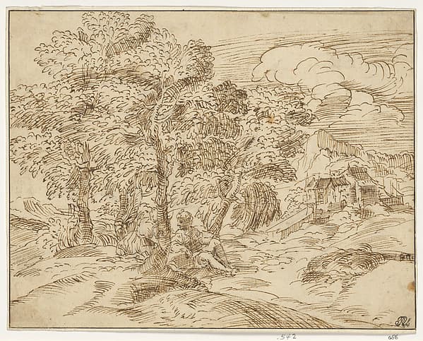 Landscape with Two Seated Figures, by Imitator of Domenico Campagnola