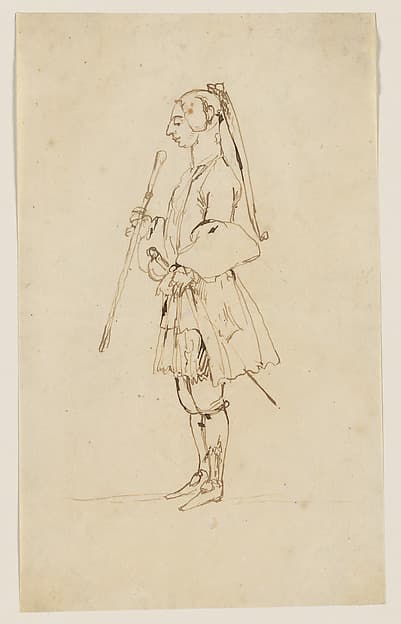 Man with a Long Pigtail and a Stick, Standing in Profile to the Left, by Anton Maria Zanetti the Elder