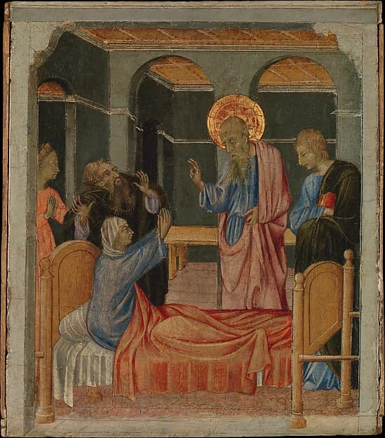 Saint John the Evangelist Raises Drusiana, by Giovanni di Paolo (Giovanni di Paolo di Grazia)