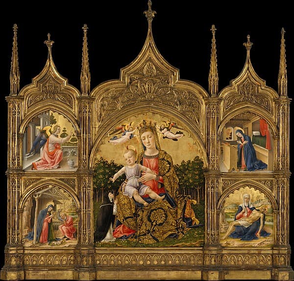 The Madonna of Humility, the Annunciation, the Nativity, and the Pietà, by Bartolomeo Vivarini