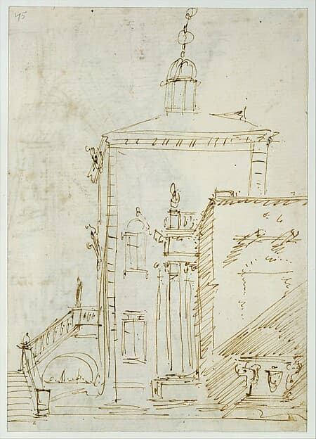 A Magnificent Pavilion by the Lagoon (recto); The Grand Canal, with the Rialto Bridge from the South (verso), by Canaletto (Giovanni Antonio Canal)