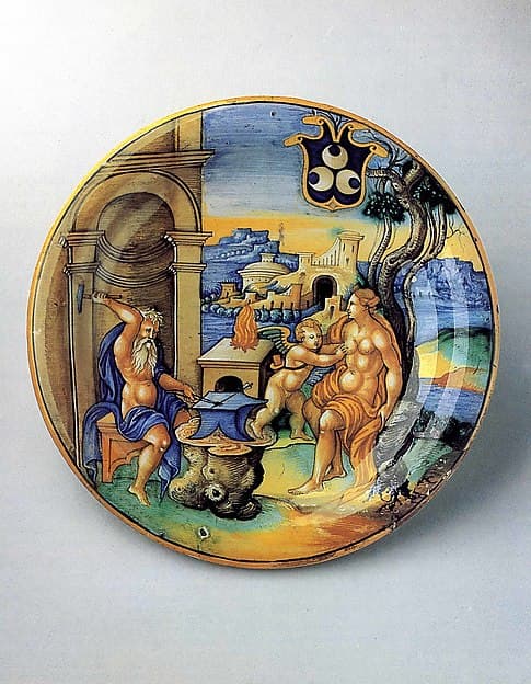 Dish (piatto): Vulcan forging an arrow for Cupid, by the "Milan Marsyas" Painter