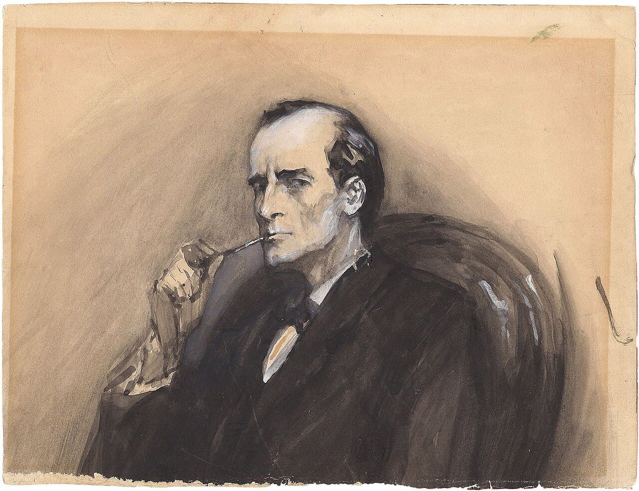 Ink and wash portrait of Sherlock Holmes seen in three-quarter profile, pipe in mouth, wearing a dark overcoat.