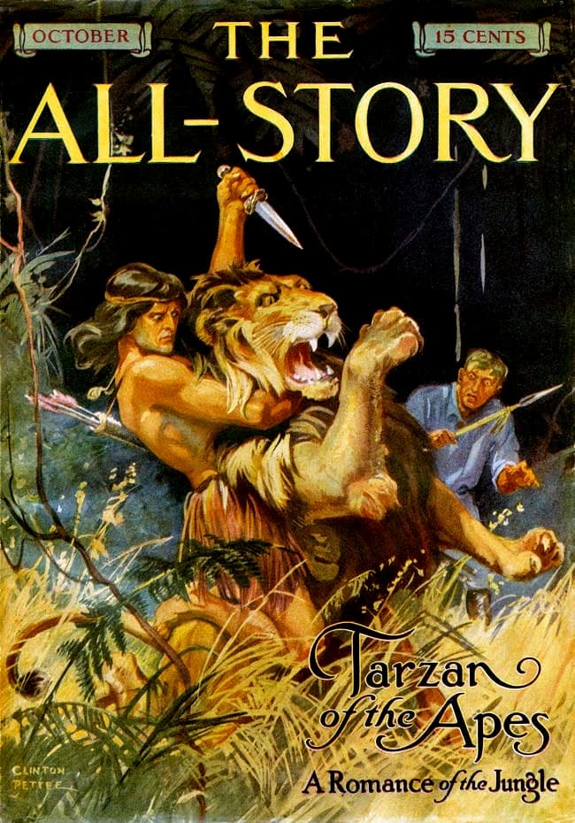 Pulp magazine cover painting: Tarzan wrestling a roaring lion, knife raised, in tall jungle grass, under the masthead “The All-Story”.