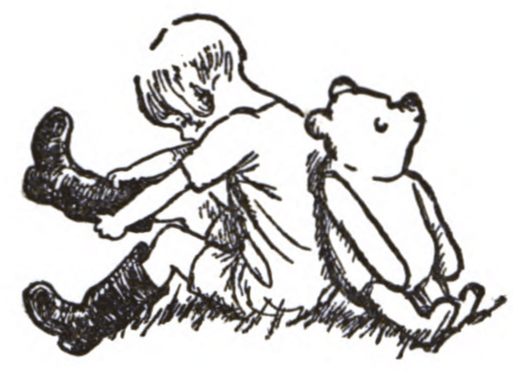 Pen-and-ink line drawing of Christopher Robin and Winnie-the-Pooh sitting back to back on the grass.