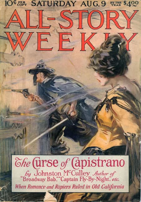 Pulp magazine cover painting: a masked, caped swordsman firing a pistol and crossing blades beside a woman in a yellow gown, under the masthead “All-Story Weekly”.