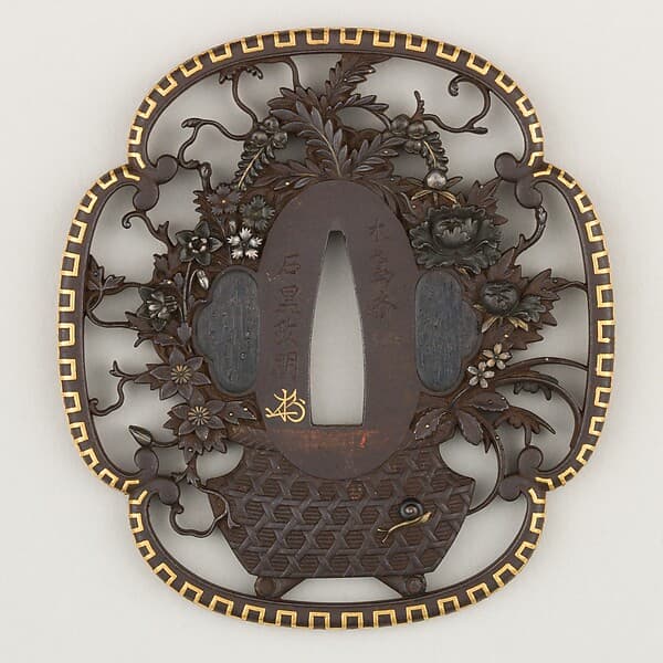 Sword guard (Tsuba) With Flower Basket Motif (花籠透鐔), by 石黒政明 Ishiguro Masaaki