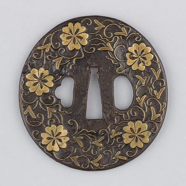 Sword guard (Tsuba) With Cherry Blossom Motif (桜図与四郎象嵌鐔)