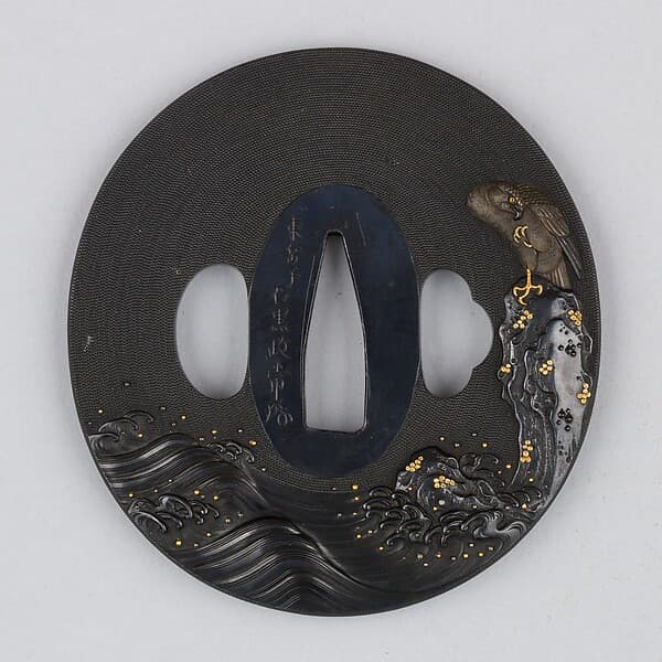 波濤に岩上鷹図大小鐔 Matching Pair of Sword Guards (Daishō-tsuba), by 石黒政常 Ishiguro Masatsune