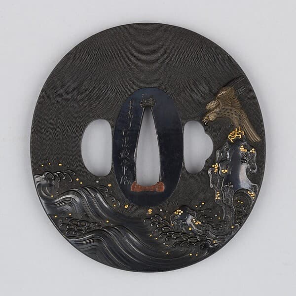 波濤に岩上鷹図大小 Sword Guard (Tsuba), by 石黒政常 Ishiguro Masatsune