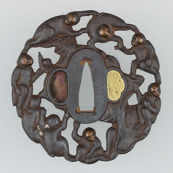 Sword Guard (Tsuba) Depicting Group of Monkeys in a Peach Tree (猿猴摘桃透鐔)