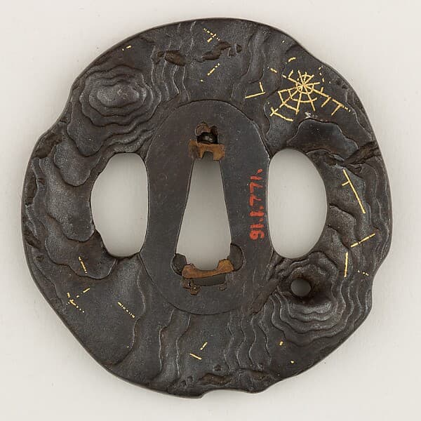 Sword Guard (Tsuba) Depicting Spider Web on Dead Tree (枯木に蜘蛛の巣図鐔)